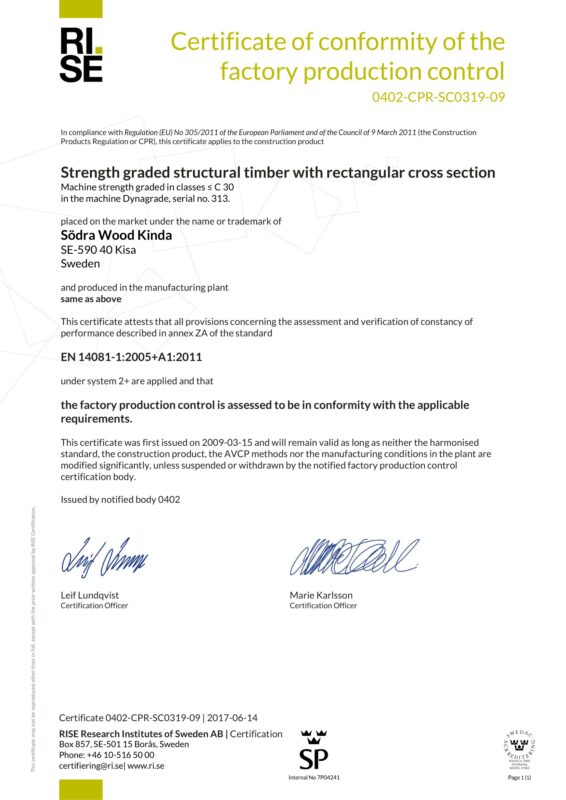 Södra Wood Kinda__Södra Wood Kinda_Certificate of machine strength graded structural timber_SC0319-09