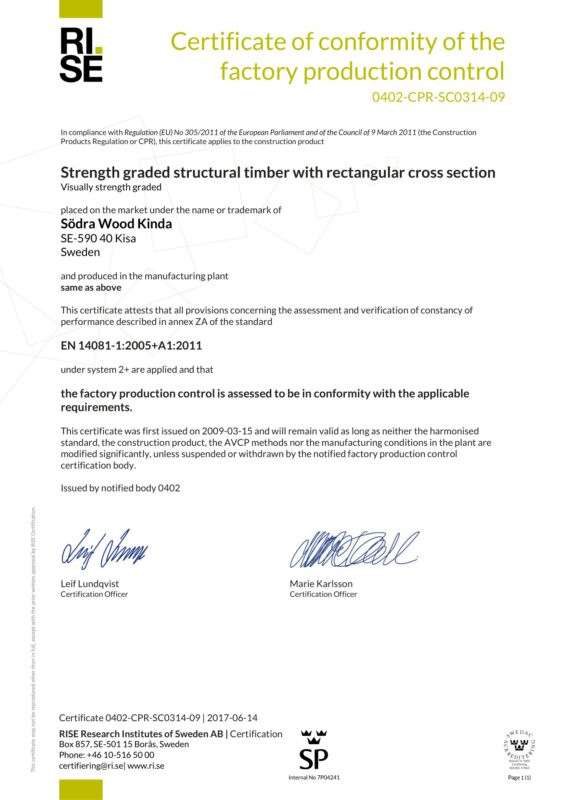 Södra Wood Kinda__Södra Wood Kinda_Certificate of visullay strength graded structural timber_SC0314-09