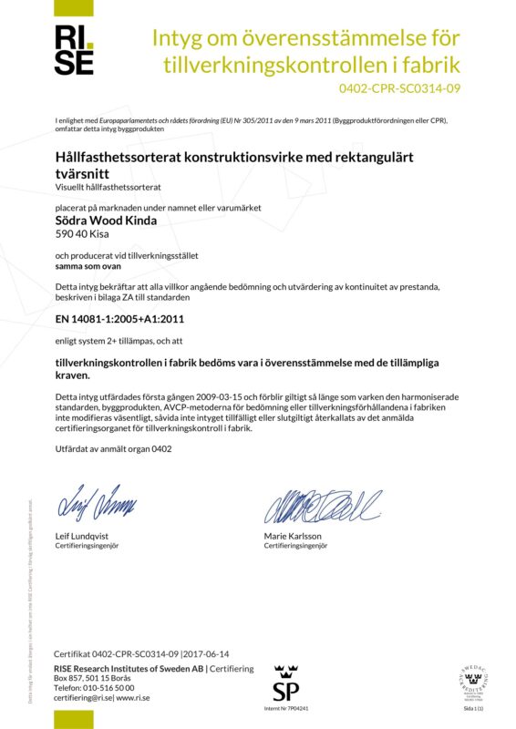 Södra Wood Kinda__Södra Wood Kinda_Certifikat för visuellt hållfasthetssorterat konstruktionsvirke_SC0314-09