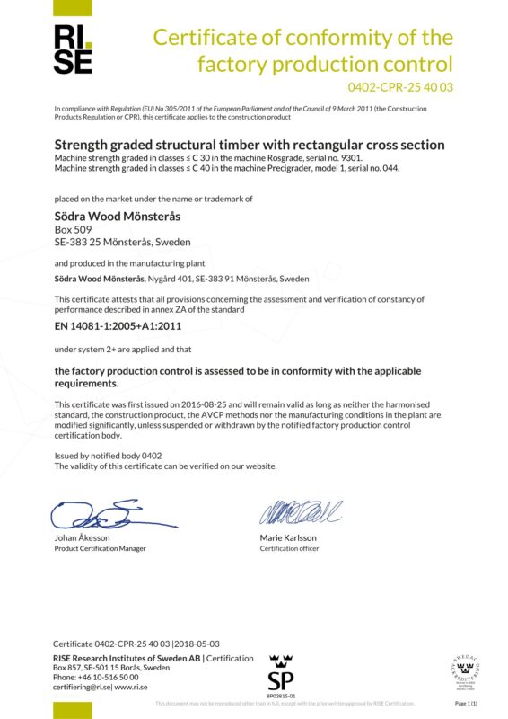 Södra Wood Mönsterås__Certificate of machine strength graded structural timber - Mönsterås_20180507