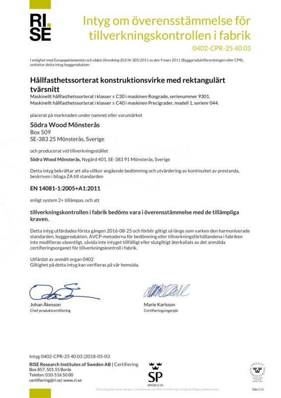 Södra Wood Mönsterås__Certifikat för maskinellt hållfasthetssorterat konstruktionsvirke - Mönsterås_20180507