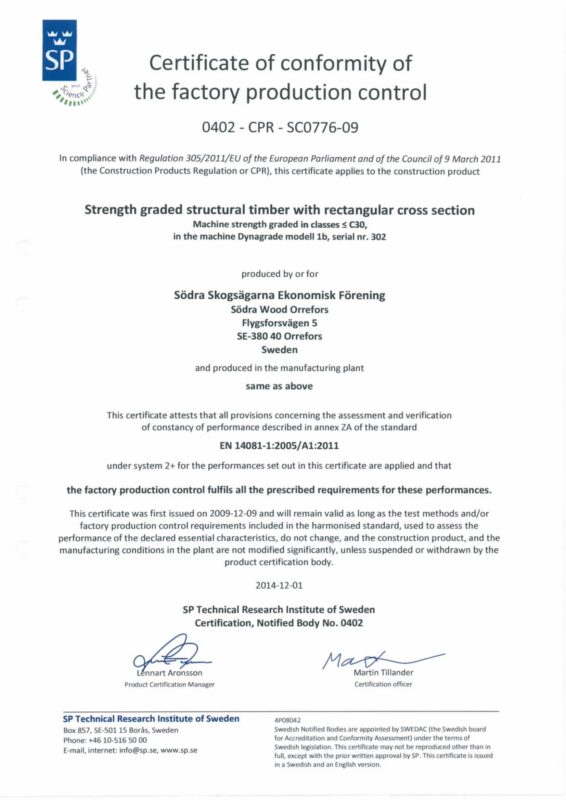 Södra Wood Orrefors__Södra Wood Orrefors_Certificate of machine strength graded structural timber_SC0776-09