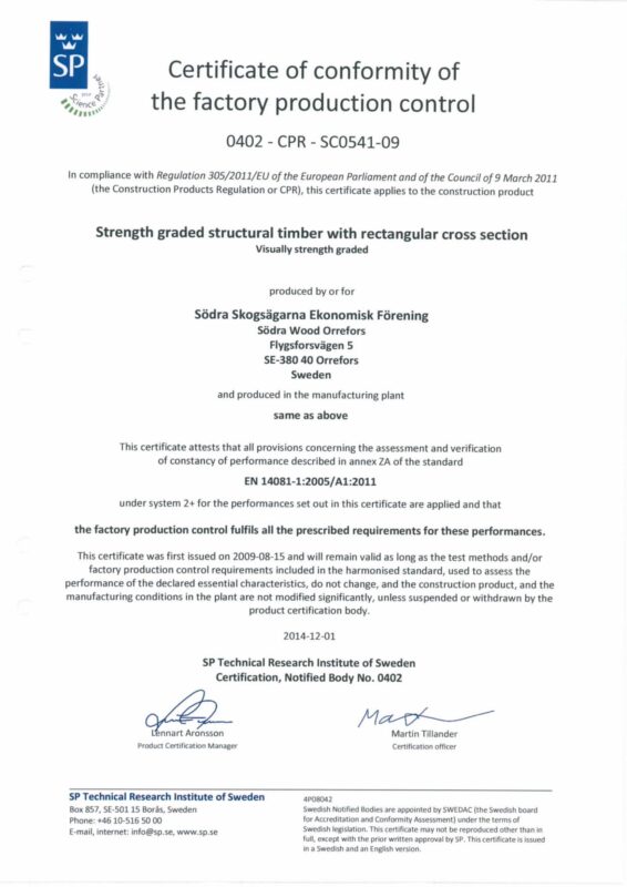 Södra Wood Orrefors__Södra Wood Orrefors_Certificate of visually strength graded structural timber_ SC0541-09