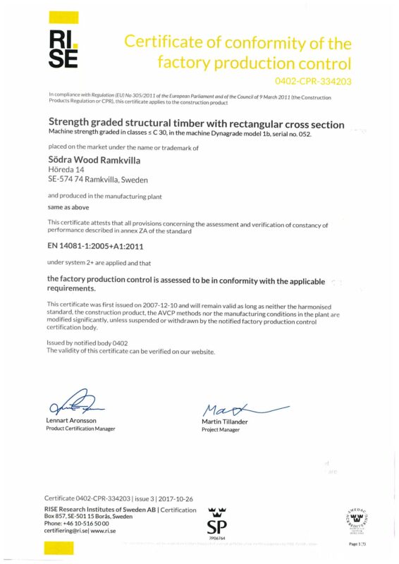 Södra Wood Ramkvilla__Certificate of machine strength graded structural timber - Ramkvilla