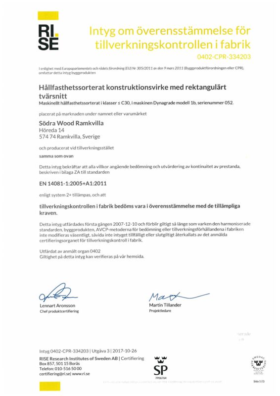 Södra Wood Ramkvilla__Certifikat för maskinellt hållfasthetssorterat konstruktionsvirke - Ramkvilla