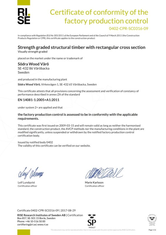 Södra Wood Värö__Certificate of visually strength graded structual timber_SC0316-09 EN_Södra Wood Värö