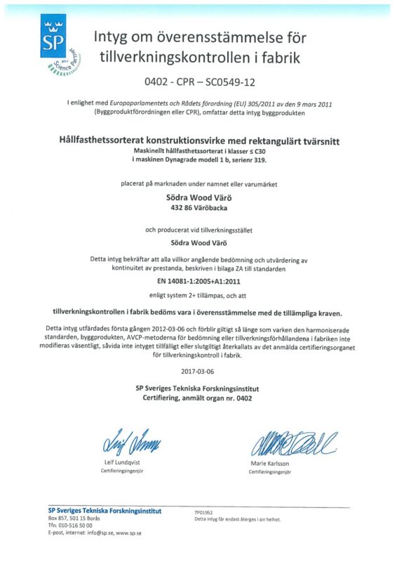Södra Wood Värö__Certifikat för maskinellt hållfasthetssorterat konstruktionsvirke - Värö