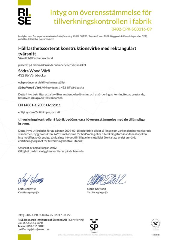 Södra Wood Värö__Certifikat för visuellt hållfasthetssorterat konstruktionsvirke - Värö