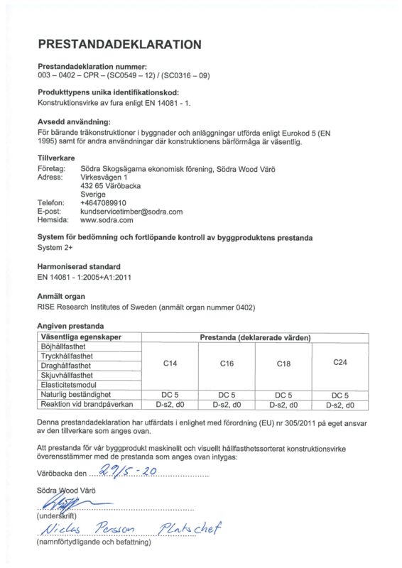 Södra Wood Värö__Prestandadeklaration, maskinellt och visuellt hållfasthetssorterad fura - Värö